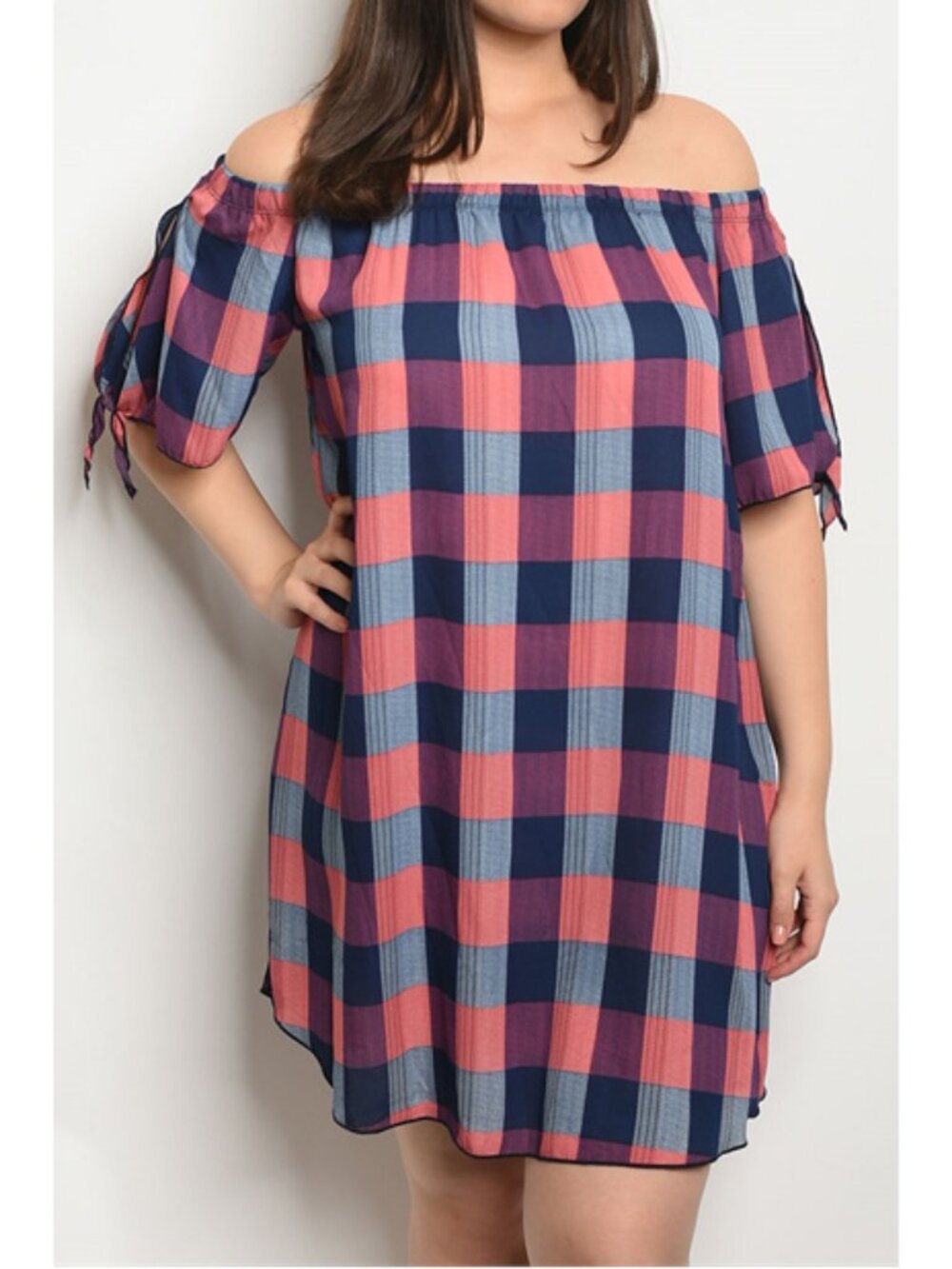 Zenobia Red Blue Check Plaid Off Shoulder Mini Dress Size 1X or 3X